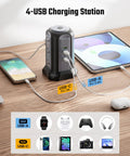 Nine Outlet Tower Surge Protector With Four USB Ports And A 10 Ft Cord, Grounded Plug In Desktop Charging Station, 1080 Joules, Black