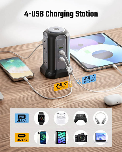 Nine Outlet Tower Surge Protector With Four USB Ports And A 10 Ft Cord, Grounded Plug In Desktop Charging Station, 1080 Joules, Black