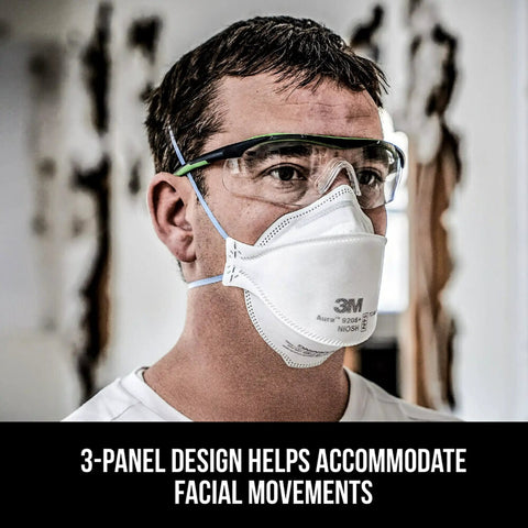 Person wearing glasses and Particulate N95 Respirator 9205 Flat Fold Lightweight Non Valved 20 Count Pack NIOSH Approved 95 Percent Filtration