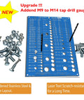 Heavy Duty Stainless Steel Tap And Drill Bit Gauge Laser Engraved Metric And Sae Charts Smooth Blue Pvd Finish for Dead Nuts Accuracy and Smooth Threading Jobs No Sweat On The Workbench Ever, showing M1 to M14 tap gauges with bolts.
