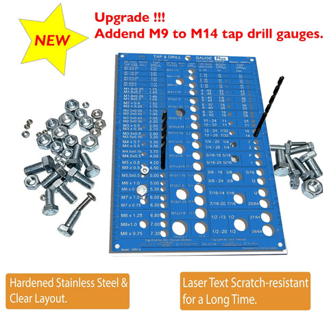 Heavy Duty Stainless Steel Tap And Drill Bit Gauge Laser Engraved Metric And Sae Charts Smooth Blue Pvd Finish for Dead Nuts Accuracy and Smooth Threading Jobs No Sweat On The Workbench Ever, showing M1 to M14 tap gauges with bolts.