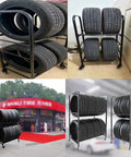 Street Ready Heavy Duty Tire Rack For Your Local Garage Floor Standing Dual Tier Wheel Storage Cart Adjustable Height Steel Frame Swaps Rims Quick Without The Fuss In Black holding four tires on two tiers.