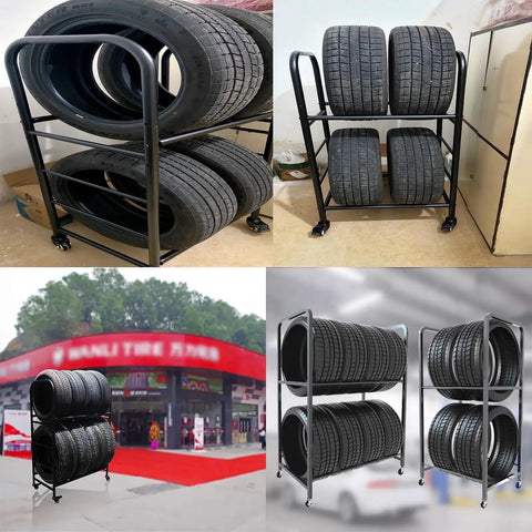 Street Ready Heavy Duty Tire Rack For Your Local Garage Floor Standing Dual Tier Wheel Storage Cart Adjustable Height Steel Frame Swaps Rims Quick Without The Fuss In Black holding four tires on two tiers.