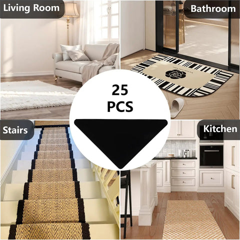 25 Pieces Non Slip Rug Tape Set With Triangular Grippers for Hardwood Floors shown in living room, bathroom, stairs, and kitchen.