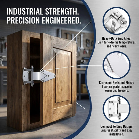 Rock Solid Zinc Alloy Cold Storage Door Hinges Heavy Duty Freezer Hinge Replacement For Walk In Cooler And Industrial Refrigeration 2 Pack shown on a wooden cabinet.