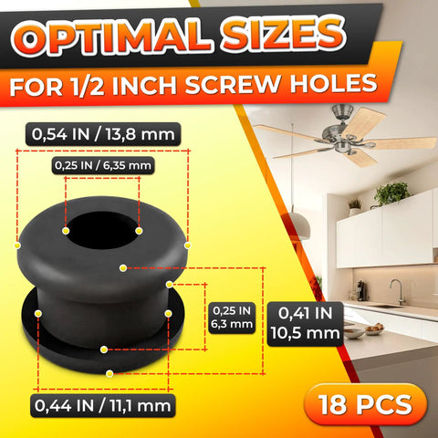 Rock Solid Half Inch Rubber Grommet Kit For Ceiling Fan Blades Anti Vibration Bushings, showing optimal sizes and fit for 1/2 inch screw holes.