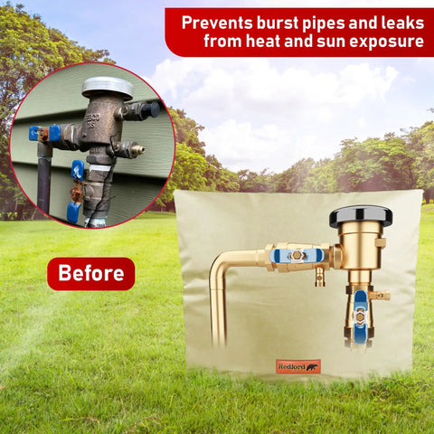Outdoor Cold Snap Backflow Preventer Insulation Cover For Sprinklers visible on well pump, showing UV resistant winter shield in beige.