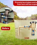 Winter Ready Backflow Preventer Insulation Cover For Outdoor Sprinklers 36 Inches Wide By 24 Inches High With UV Shield And Frost Protection No Fuss Frost Proof Outdoor Cover Beige shown with before and after use comparison image.