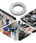 Runseaway M8 wedge lock washers, manganese steel, 50 pcs for bolts
Runseaway M8 wedge lock washer, manganese steel, side view
Runseaway M8 wedge lock washer close-up, ridged circular steel
Runseaway M8 wedge lock washer installed on bolt for vibration resistance