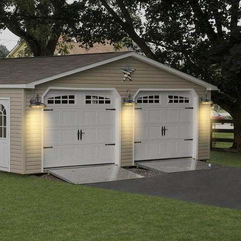 Outdoor Dusk To Dawn Sensor Wall Light Fixture Dome 12.3 Inch Black Finish illuminating garage exterior at dusk.