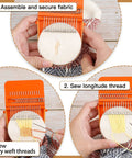 No-Fuss Mini Darning Loom Kit With 50 Color Threads For Quick Sock And Jeans Repairs, Includes Darning Mushroom Egg, Complete Beginner Friendly Tools, DIY Artful Patches To Repair Clothes in use showing fabric repair steps