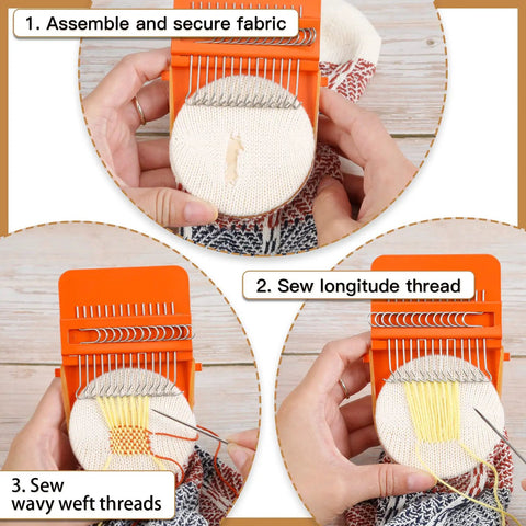 No-Fuss Mini Darning Loom Kit With 50 Color Threads For Quick Sock And Jeans Repairs, Includes Darning Mushroom Egg, Complete Beginner Friendly Tools, DIY Artful Patches To Repair Clothes in use showing fabric repair steps