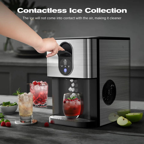 Countertop Nugget Ice Maker With 44 Lbs Per Day Output, Self Cleaning, One Touch Operation in kitchen setting, silver.