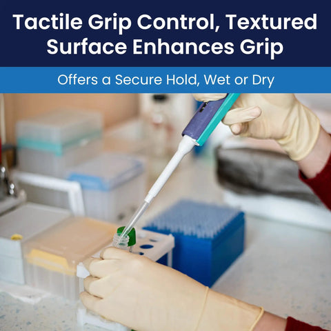 Person using Top Tier Disposable Latex Exam Gloves 6 Mil Thick Powder Free for secure grip with pipette in lab setting.