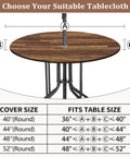Round Outdoor Tablecloth With Umbrella Hole And Zippered Fitted Elastic Edge Wood Grain Look For Picnic Party And Patio Fits 44 To 48 Inch Round Tables Waterproof Oil And Scratches Resistant, shown with size guide and measurements