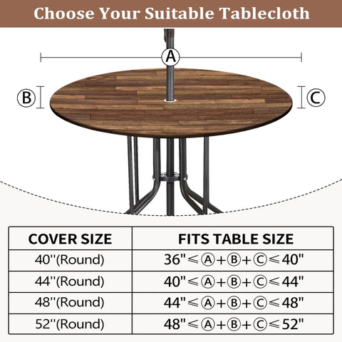 Round Outdoor Tablecloth With Umbrella Hole And Zippered Fitted Elastic Edge Wood Grain Look For Picnic Party And Patio Fits 44 To 48 Inch Round Tables Waterproof Oil And Scratches Resistant, shown with size guide and measurements