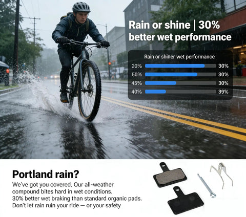 Cyclist biking in rain with Front And Rear Disc Brake Caliper Kit With Resin Semi Metallic Pads for wet performance