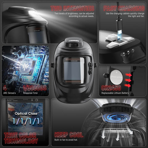 Auto Darkening Welding Helmet With Rechargeable Fan And Light, Large Viewing Window, True Color Lens, Solar Powered Hood, 4 Arc Sensors