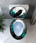Elongated Toilet Seat Resin for Bathroom featuring black crow design with teal roses, suitable for standard elongated toilets.