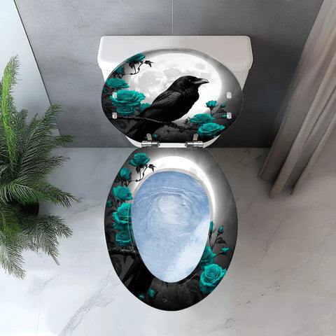 Elongated Toilet Seat Resin for Bathroom featuring black crow design with teal roses, suitable for standard elongated toilets.
