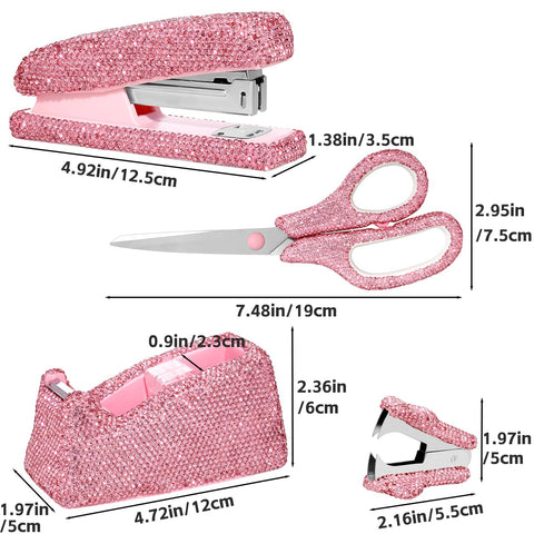 Sparkle Pink 4Pc Stapler And Tape Dispenser Set With Rhinestones Includes Pink Scissors And Staple Remover With 1000 Staples