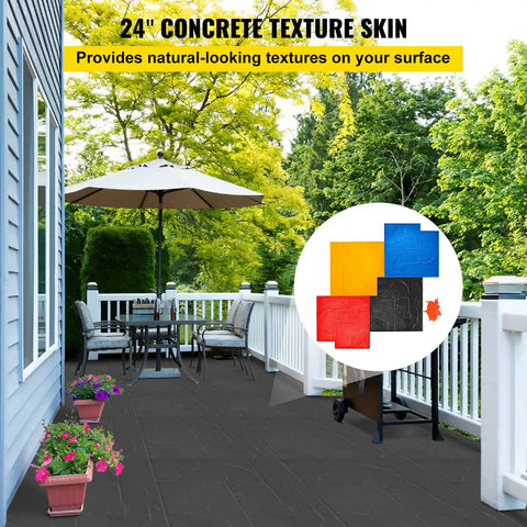 Outdoor patio with Concrete Texture Skin Mats Set 24x24 Inch Polyurethane Stamping Mats Slate Texture visible.