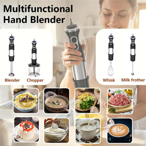 Powerhouse 800W 5 In 1 Handheld Immersion Blender With 12 Speeds Handles Hot Soups And Cold Smoothies Like A Champ Includes Chopper Bowl Whisk Attachment And Frother Zero Hassle Setup Ultimate Kitchen Game Changer shown with attachments and prepared dishes.