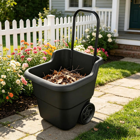 Heavy Duty 15 Gallon Rolling Garden Cart With Retractable Handle And 7 Inch Wheels For Outdoor Yard Work filled with leaves