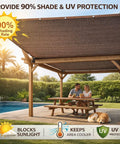 Mocha Shade Cloth With Ninety Percent UV Block Mesh Tarp over patio, couple at table, grommets visible, HDPE material.
