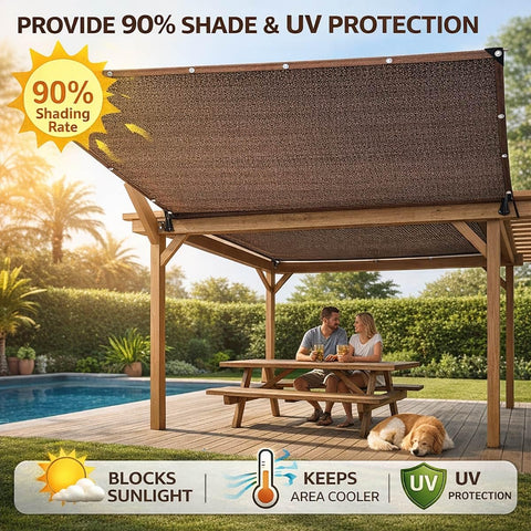 Mocha Shade Cloth With Ninety Percent UV Block Mesh Tarp over patio, couple at table, grommets visible, HDPE material.