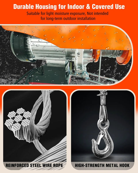 Electric hoist with orange housing and winch drum; steel wire rope and high-strength metal hook (collage)