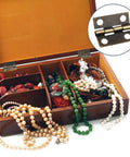 Jewelry box with miniature brass hinge shown. 60 Pcs Small Brass Antique Miniature Hinges With Screws And Screwdriver For DIY Projects included.