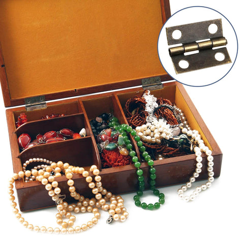 Jewelry box with miniature brass hinge shown. 60 Pcs Small Brass Antique Miniature Hinges With Screws And Screwdriver For DIY Projects included.