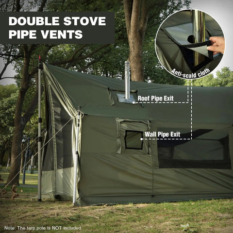 Large Hammock Hot Tent With Stove Jack Waterproof And Windproof Winter Wall Tent With Snow Skirt, showing double stove pipe vents