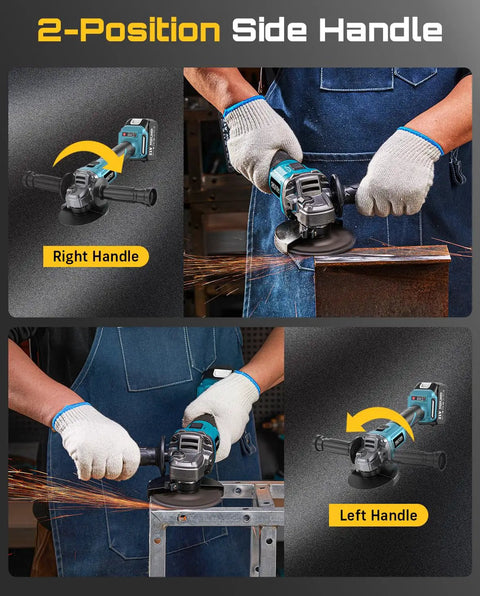 Cordless 4-1/2 Inch Angle Grinder With 21V Brushless Motor showing right and left handle positions in use