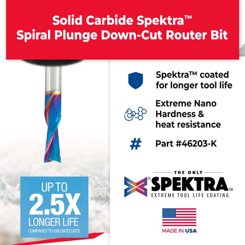 Close-up of Solid Carbide Spektra Extreme Tool Life Spiral Plunge Router Bit Down Cut 3/8 In Dia, with nanocoating, Made in USA