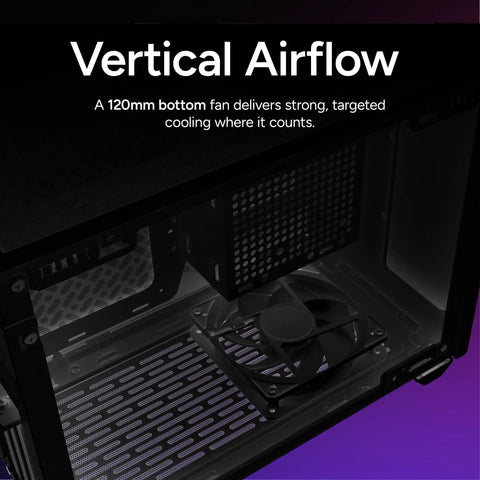 Interior view of NR200P V2 Mini ITX PC Case Built For SFX PSU 280mm AIO Ready 357mm Vertical GPU Mount Tempered Glass DIY Friendly Nvidia RTX 5090 And AMD RX 9070 XT Build showing the bottom fan for vertical airflow.