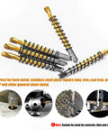 Five Pro Grade M2 HSS Pilot Drill Bits Titanium Coated Center Pins arranged, showing 6mm shank, for metal cutting precision.