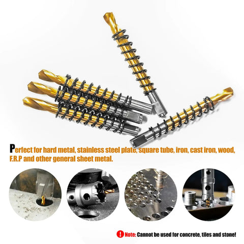 Five Pro Grade M2 HSS Pilot Drill Bits Titanium Coated Center Pins arranged, showing 6mm shank, for metal cutting precision.