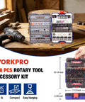 All In One 698 Piece Rotary Tool Accessories Kit displayed in case on wooden workbench with drill.