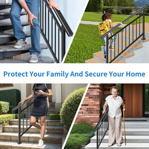 Heavy Duty Two In One Stair Handrail And Horizontal Railing Kit features users navigating stairs in various settings for safety.