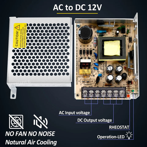 Beefy 12V 10A 120W DC Switching Power Supply Adapter with open circuit board, fanless design, and universal input in use