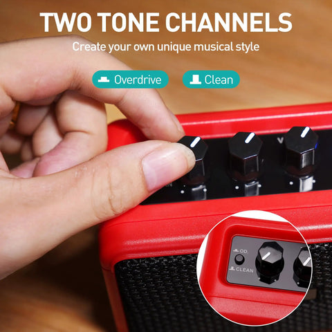 Adjusting tone control on Mini 5W Electric Guitar Practice Amp With Clean And Overdrive Modes, Bluetooth Streaming, Headphone Jack.