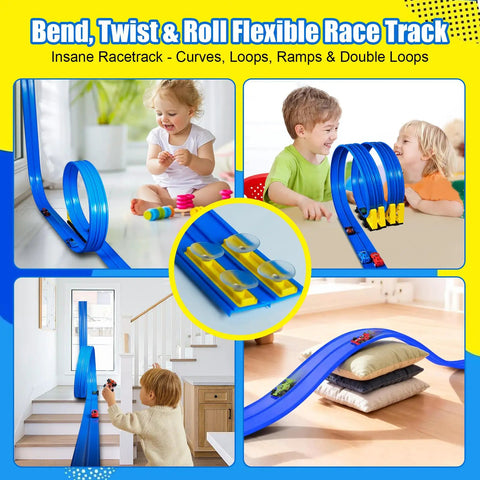 Flexible 15 Ft Race Track For Kids 3 Plus Fun Dual Lane Rolls Up Portable Car Track Compatible With Hot Wheels And Diecast