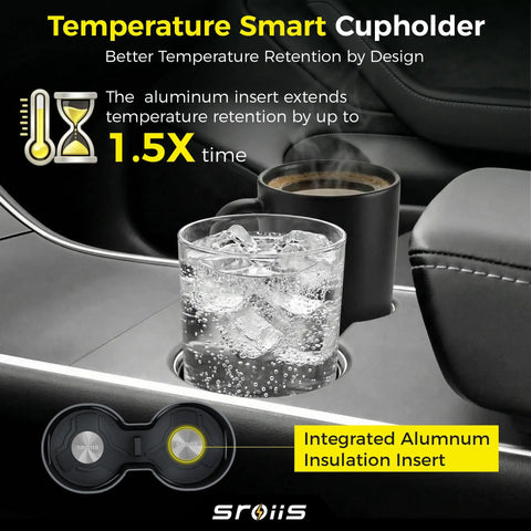 Car cupholder with aluminum insulation insert showing ice and coffee, temperature retention design for enhanced heat control.