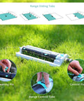 Beefy Heavy Duty Oscillating Sprinkler With 18 Hole Nozzle Zinc Alloy Base on grass with control flow and cleaning pin details
