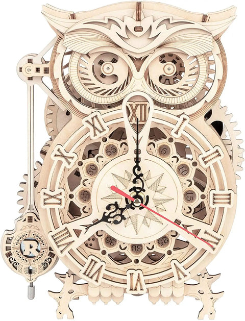 3D Wooden Clock Kit For Adults Dope Owl Mechanical Puzzle Kit DIY Build Set, Brain Teaser Educational Hobby Craft For Teens, Desk Decor And Gift Idea For Puzzle Lovers, owl clock front view, basswood