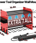 Heavy Duty 3 Layer Power Tool Organizer Wall Mount With Charging Station And 6 Outlet Power Strip Adjustable Metal Storage Rack Drill Holders Hooks And Drill Bit Rack For Garage And Workshop Red, front view, dimensions labeled
