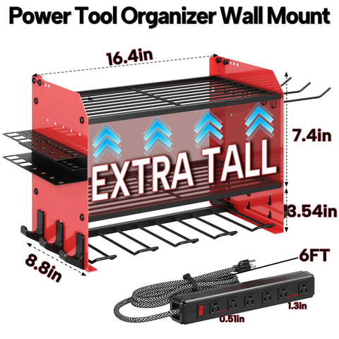 Heavy Duty 3 Layer Power Tool Organizer Wall Mount With Charging Station And 6 Outlet Power Strip Adjustable Metal Storage Rack Drill Holders Hooks And Drill Bit Rack For Garage And Workshop Red, front view, dimensions labeled