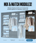 Straight Up Game Changing Modular Closet Organizer With Two Drawers And Extra Shelf for hanging short garments in a grey frame.